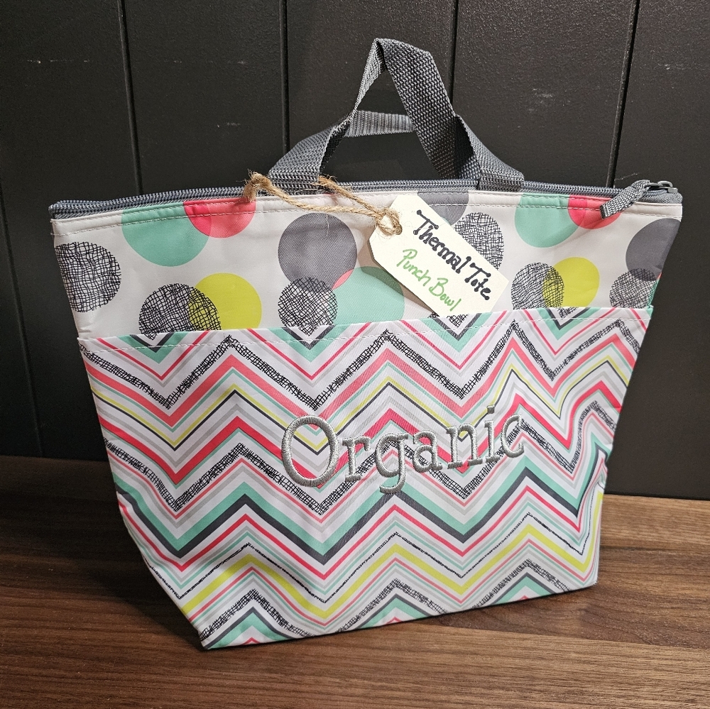 New Retired Thirty-One Thermal Embroidered Organic Tote in Punch Bowl Design